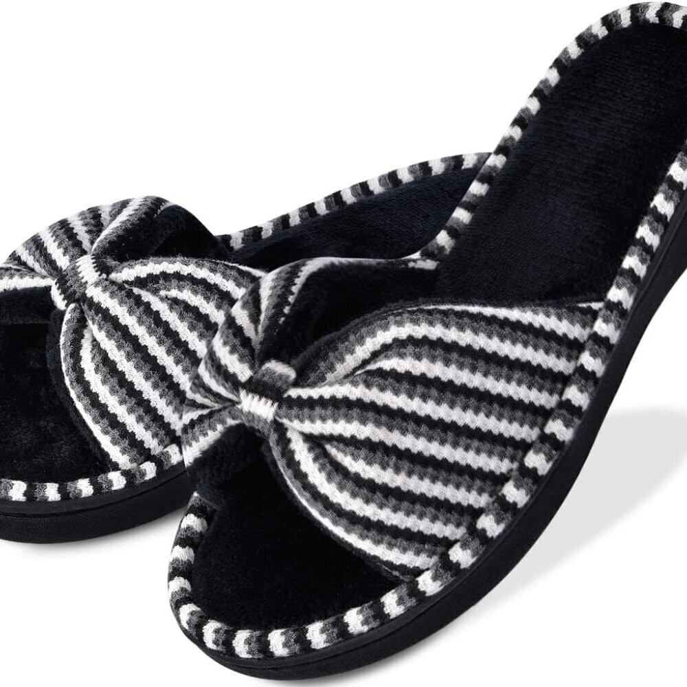 Women's Memory Foam Slip-On Slide Slippers with Bow Cozy Terry Lining